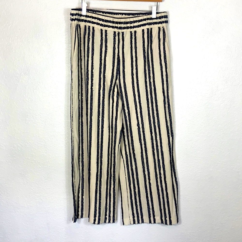 Anthropologie Kinly cream & navy wide leg pants L